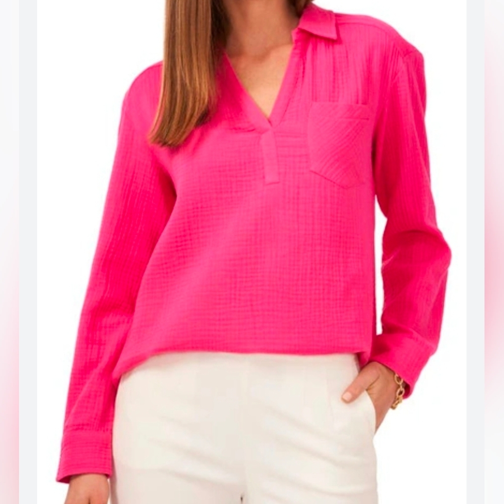 CECE size‎ Small Long Sleeve V Neck Collared Gauze Blouse Pink